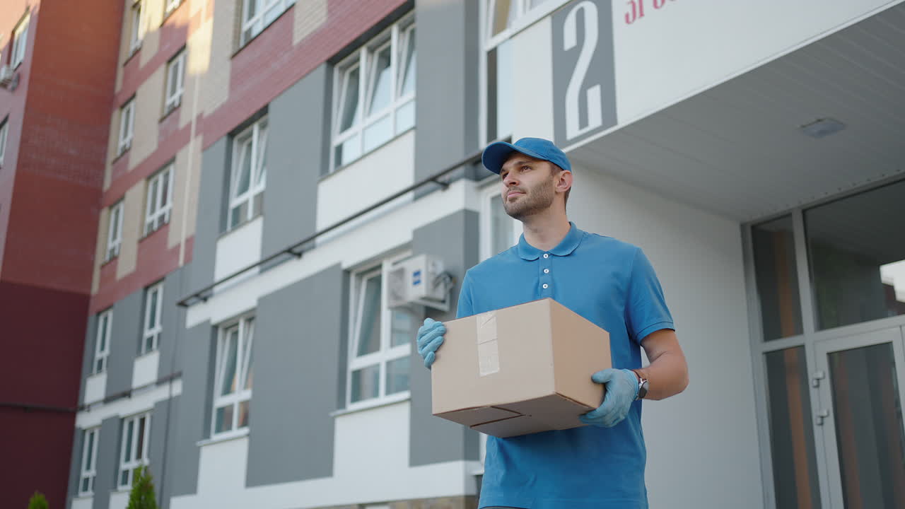 A delivery man in a blue T-shirt and cap carries a cardboard box in the city looking around in search of the deliveryman's address. Deliveryman goes with a box in slow motion