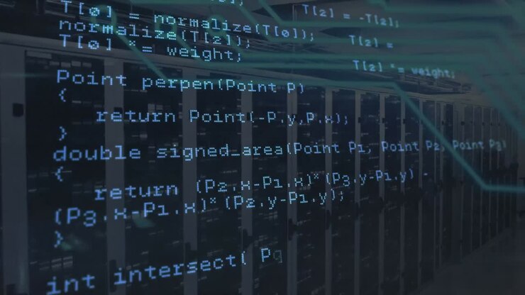 Animation of data processing in blue over servers