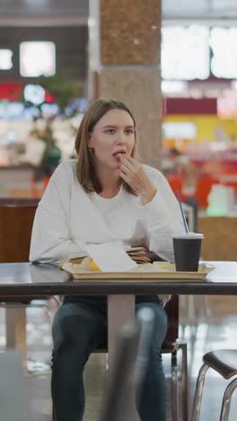 dama sentada sola en una mesa en la vibrante zona de comedor del centro comercial con bebida, papas fritas y un libro abierto, disfrutando de un momento acogedor y relajado, rodeada de una animada atmósfera de centro comercial