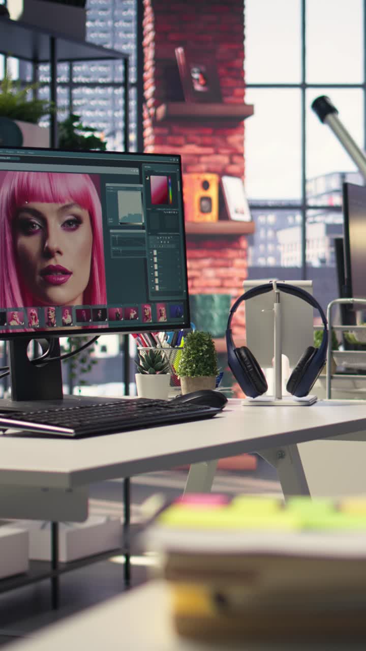 Video verticale. Ufficio creativo moderno per un fotoritoccatore con IA e software di ritocco.