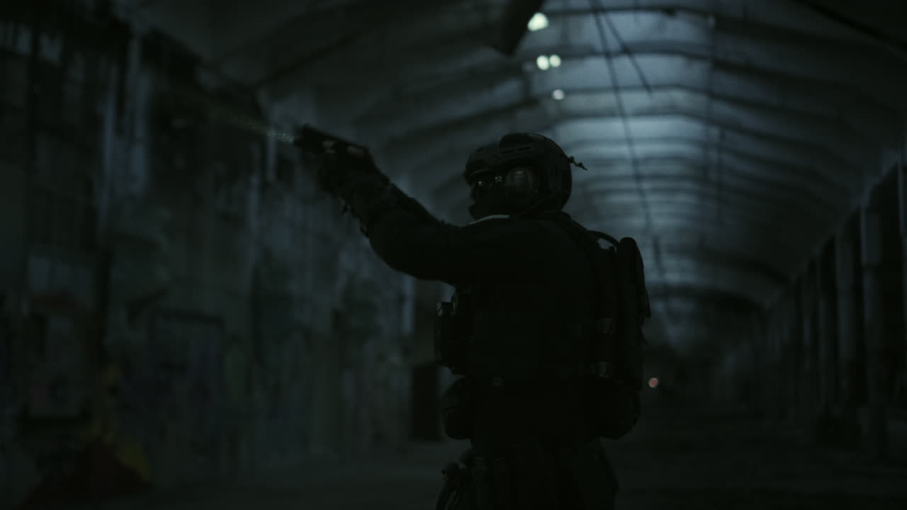 Silhouette of a Security Officer in a Dark Tunnel