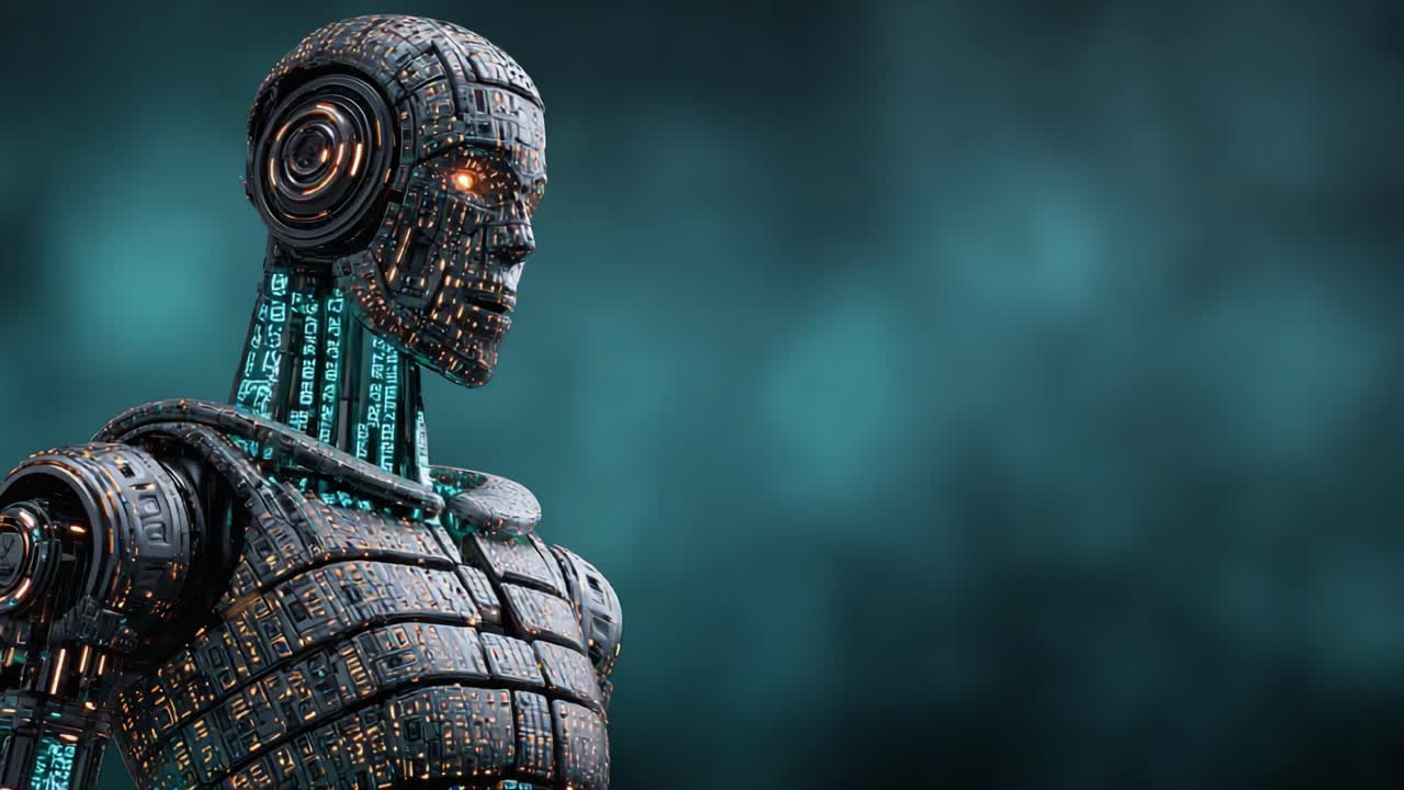 Una Personificazione Robotica Futuristica: Esplorando l'Intersezione tra Tecnologia e Forma Umana, Incarnando l'Innovazione attraverso Complesse Texture Digitali e Caratteristiche Luminescenti