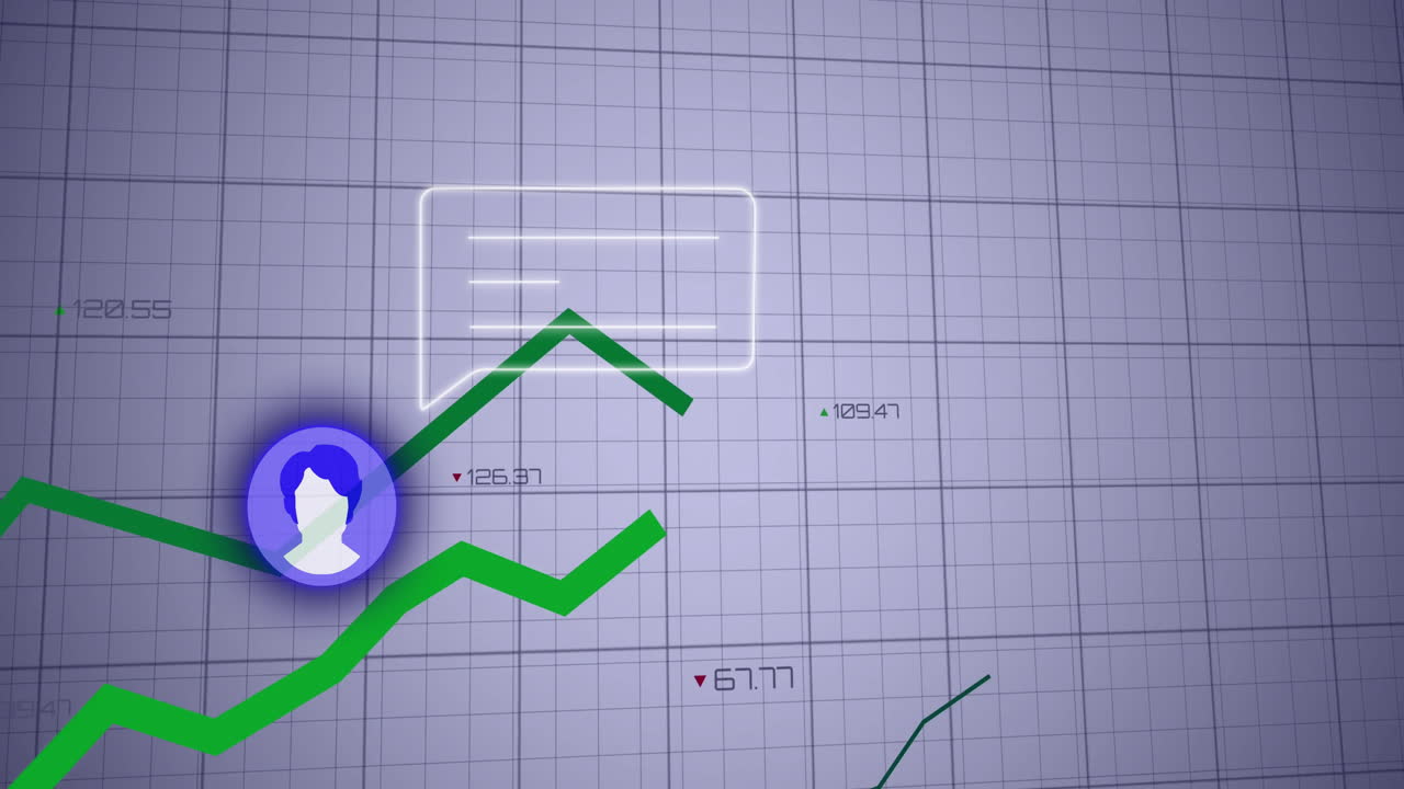 Purple circular user avatar icon floating left, featuring flat UI with zigzag graphs and data card