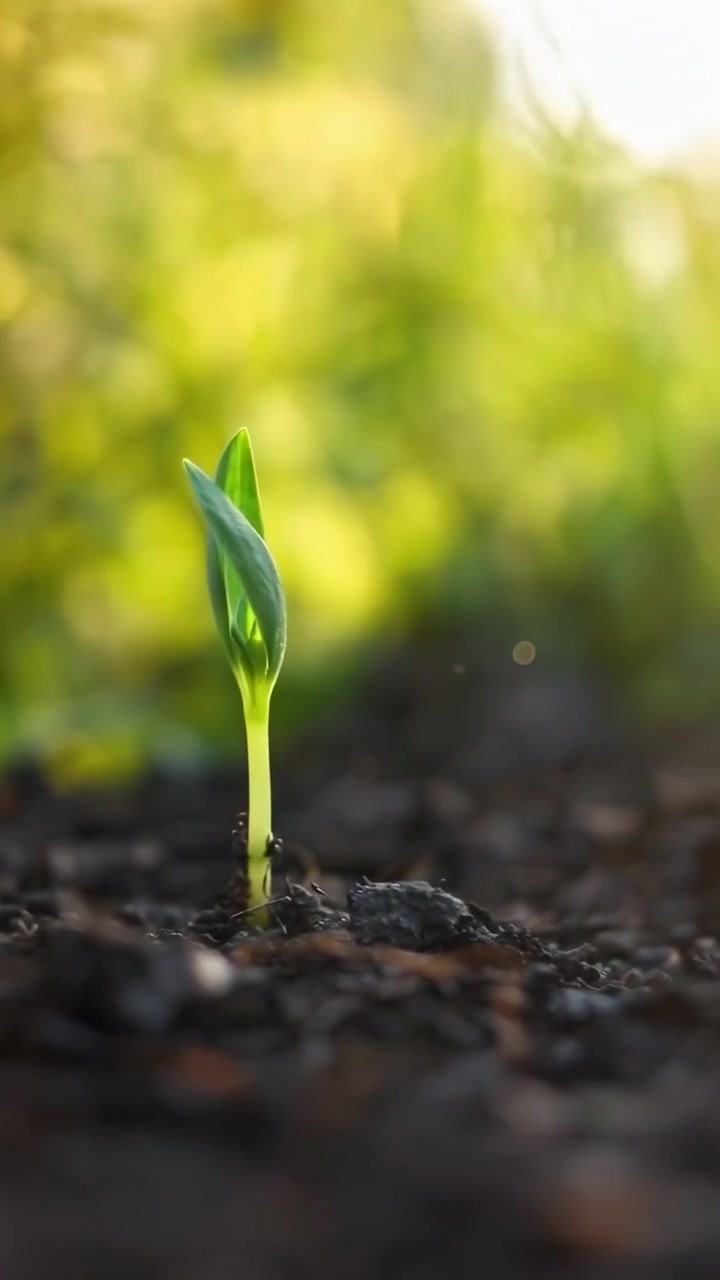 Nuovo germoglio verde che emerge dal terreno alla luce dorata del sole