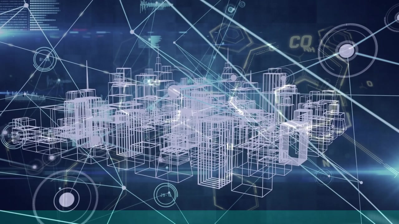 Animation of network of connections with data processing over digital cityscape