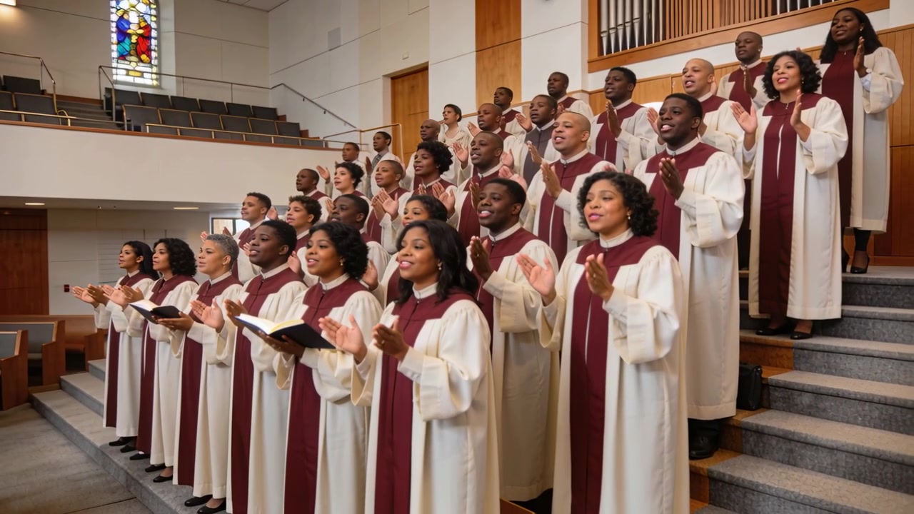 Singing church choir responding to hymn start, clapping on risers in church wearing maroon stoles