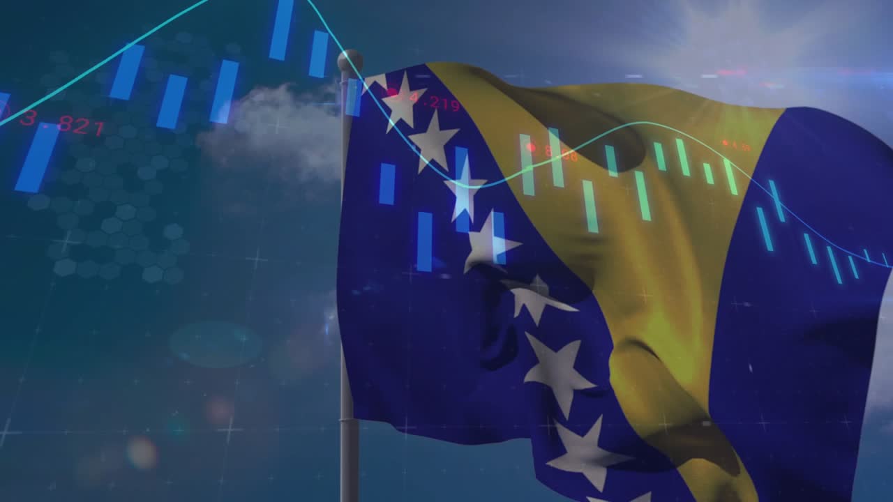 Breeze starting, Bosnia flag rippling on pole, bars pulsing and line flowing showing markets