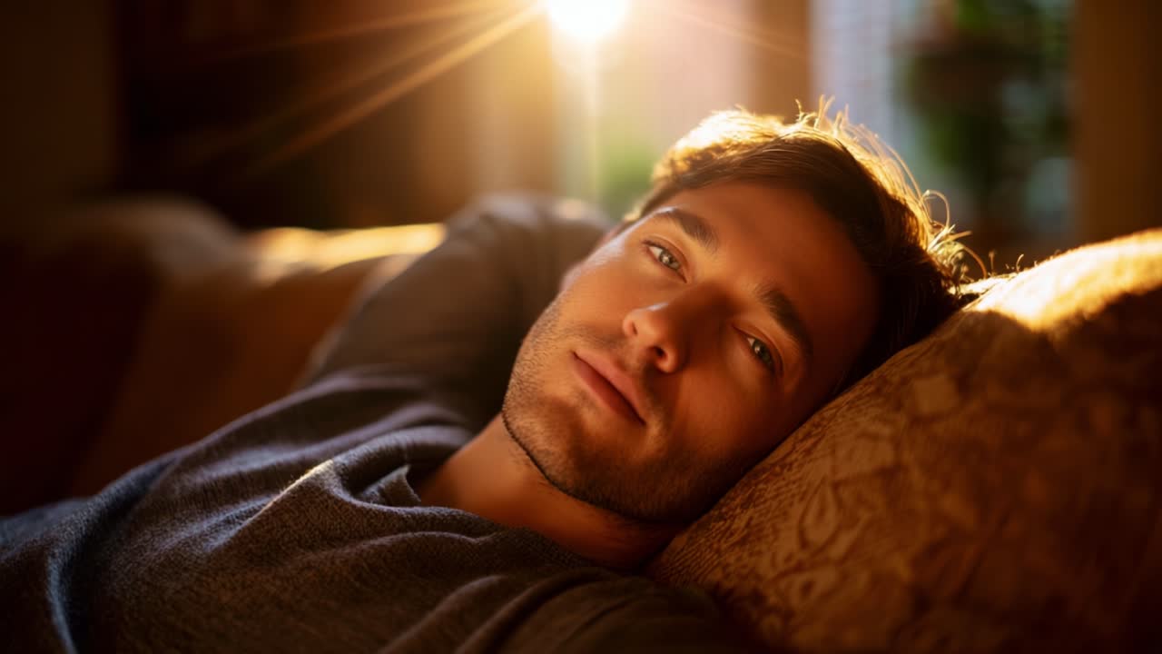 Et øjebliks eftertænksomhed, hvor en mand slapper af på en sofa, oplyst af varmt sollys, der filtreres gennem et vindue, hvilket skaber en fredfyldt og hyggelig atmosfære