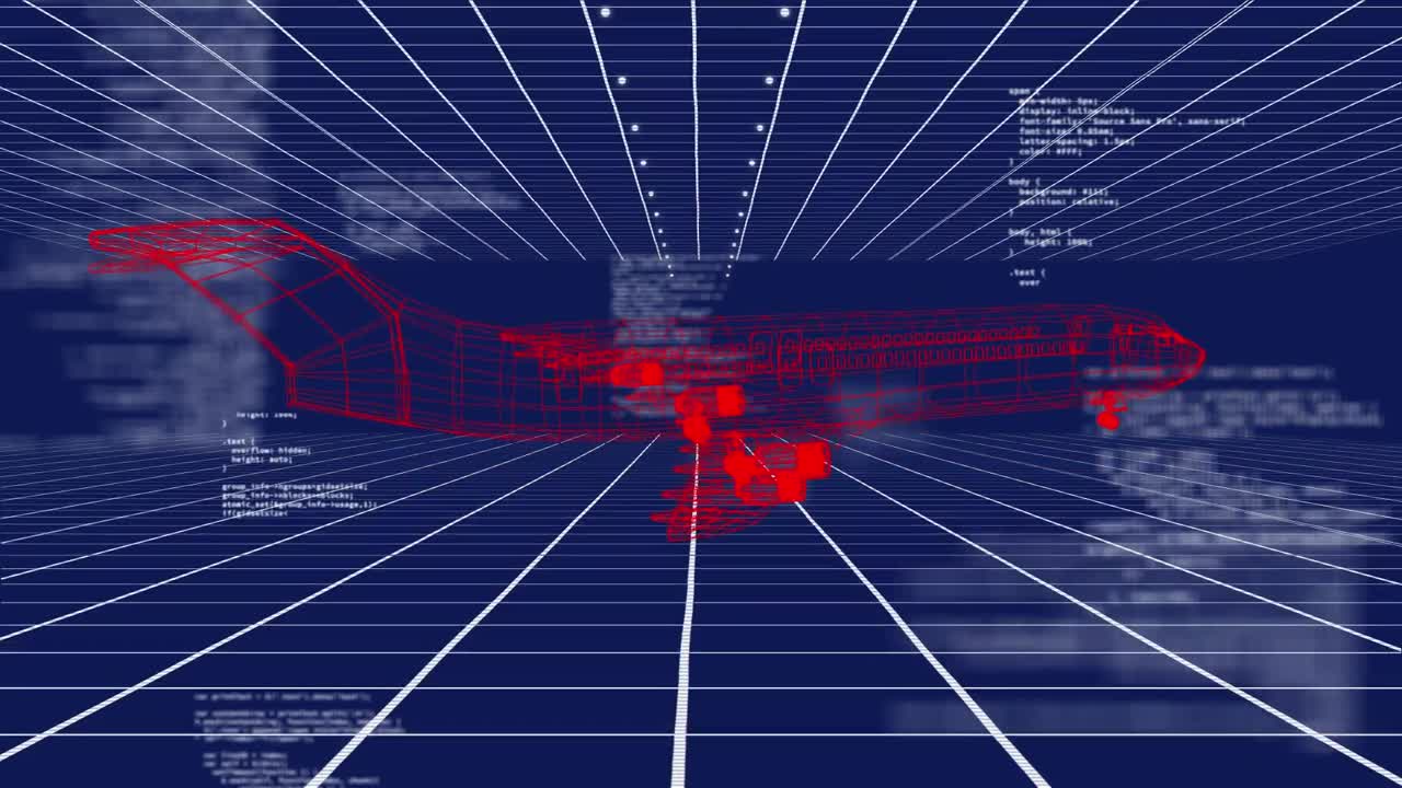 Animation of data processing and plane on blue background