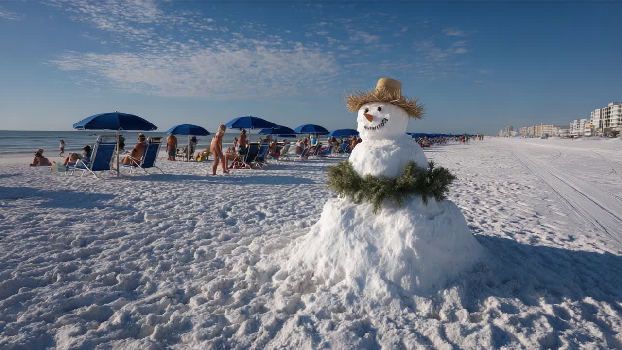 A Unique Beach Scene Featuring a Snowman on the Sand Surrounded by Sunbathers Under Colorful Umbrellas Against a Vibrant Sky