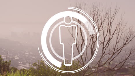 animación del icono del perfil sobre un escáner redondo contra una vista aérea del paisaje urbano