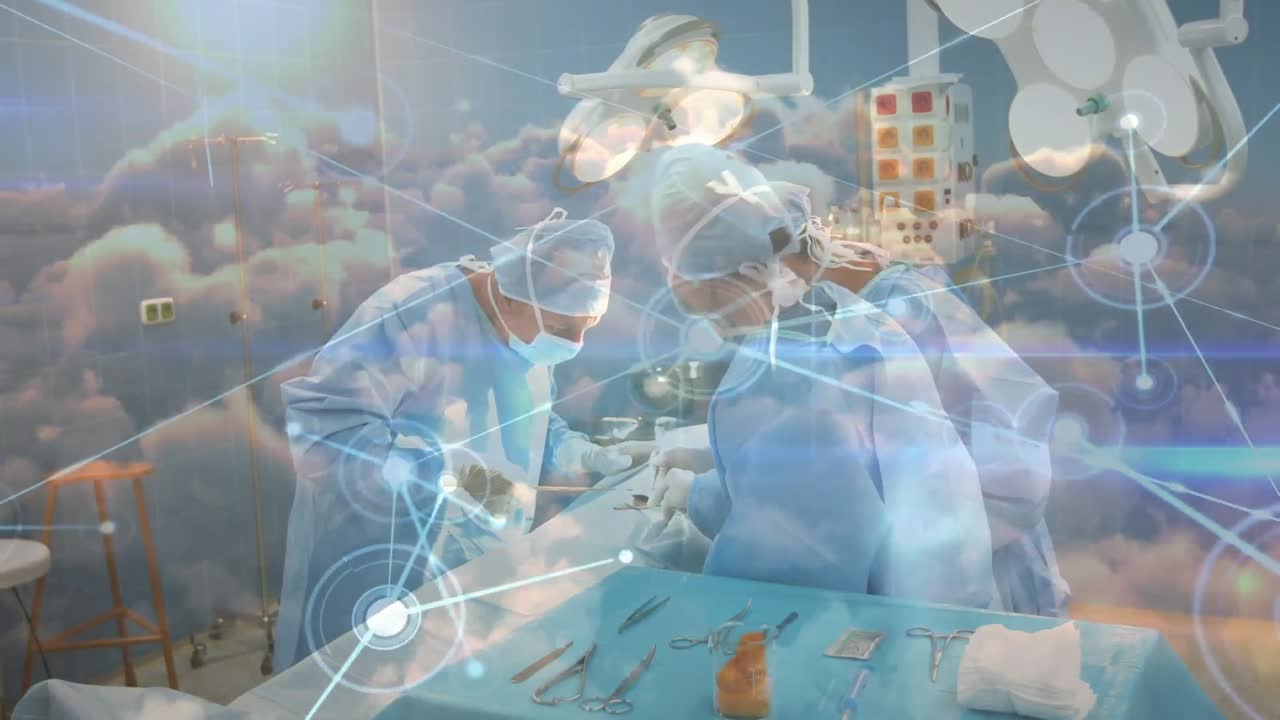 병원에서 얼굴 마스크를 쓰고 있는 외과 의사들 위의 구름과 하늘의 애니메이션