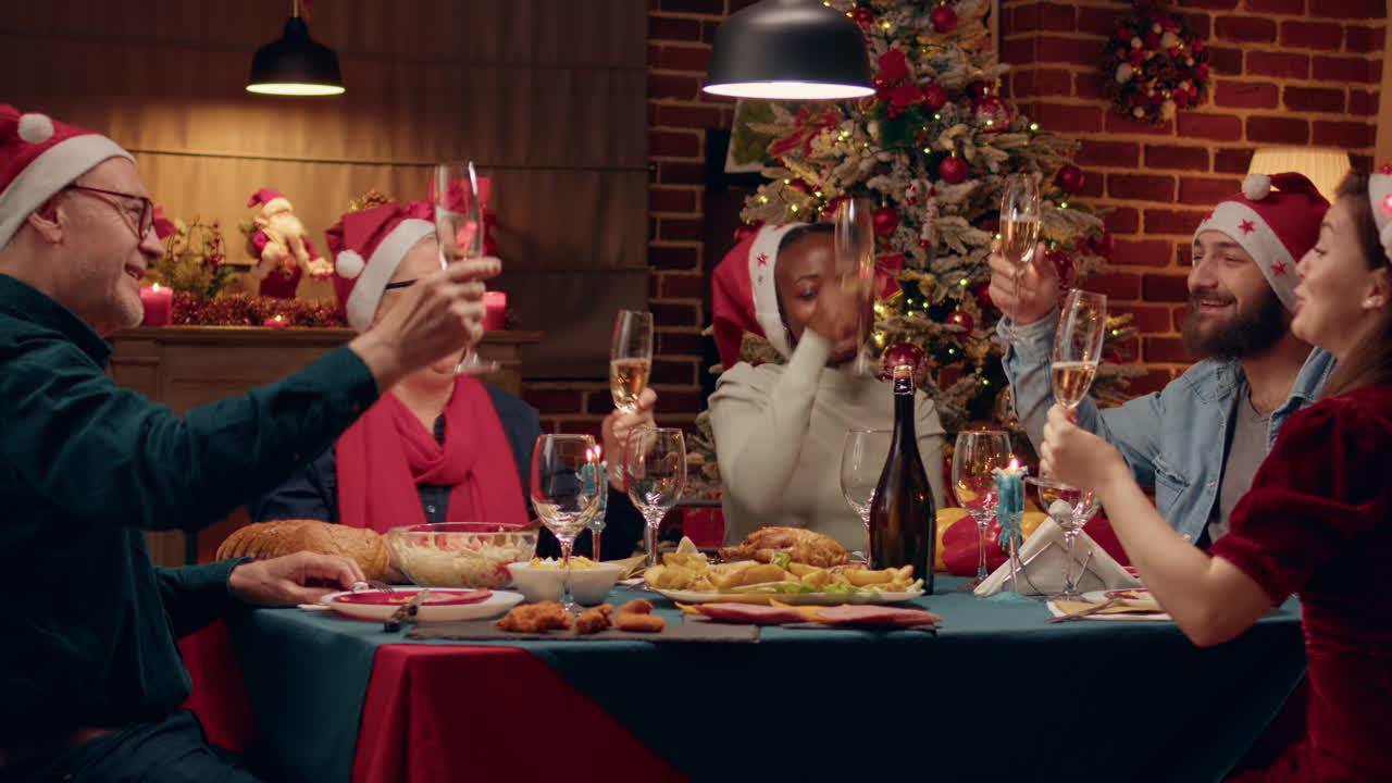 Group of People Celebrating Christmas with Festive Dinner