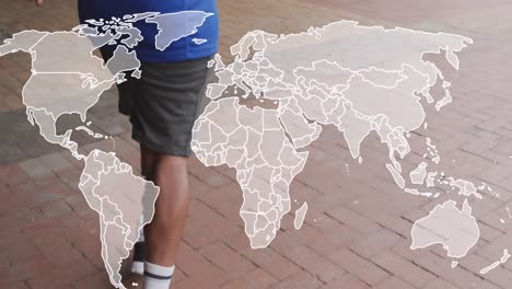 animation of world map over disabled african american man with artificial leg running