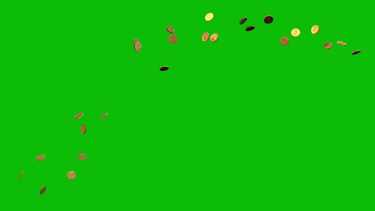 Gold coins thrown up from the right side and falling down, jackpot, on green screen 3D animation