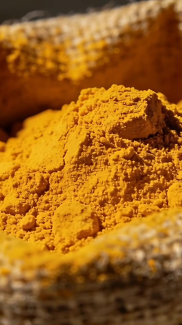 Vertical video: Zooming camera closing on spice mound in burlap sack in studio, revealing granules