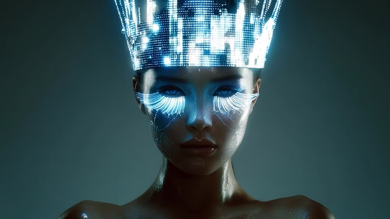 Futuristic portrait of a woman with glowing crown and digital makeup