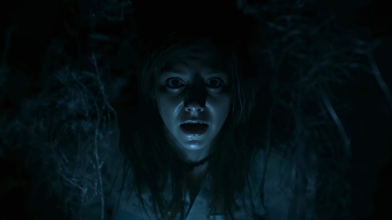 Reacting, woman widening eyes, breathing toward rising bluish light in narrow pit, choker and roots