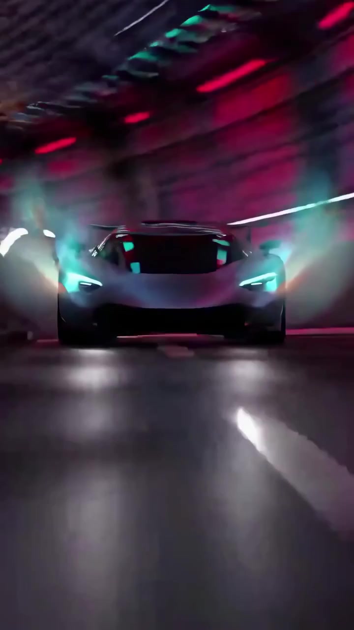 Auto sportiva che attraversa un tunnel futuristico illuminato al neon