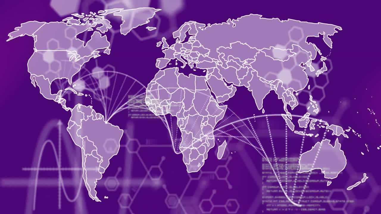 Animation of dna strand spinning with data processing over world map