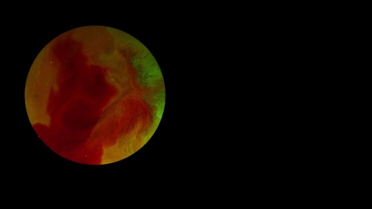 abstract brown, red and green planet with moving surface wide