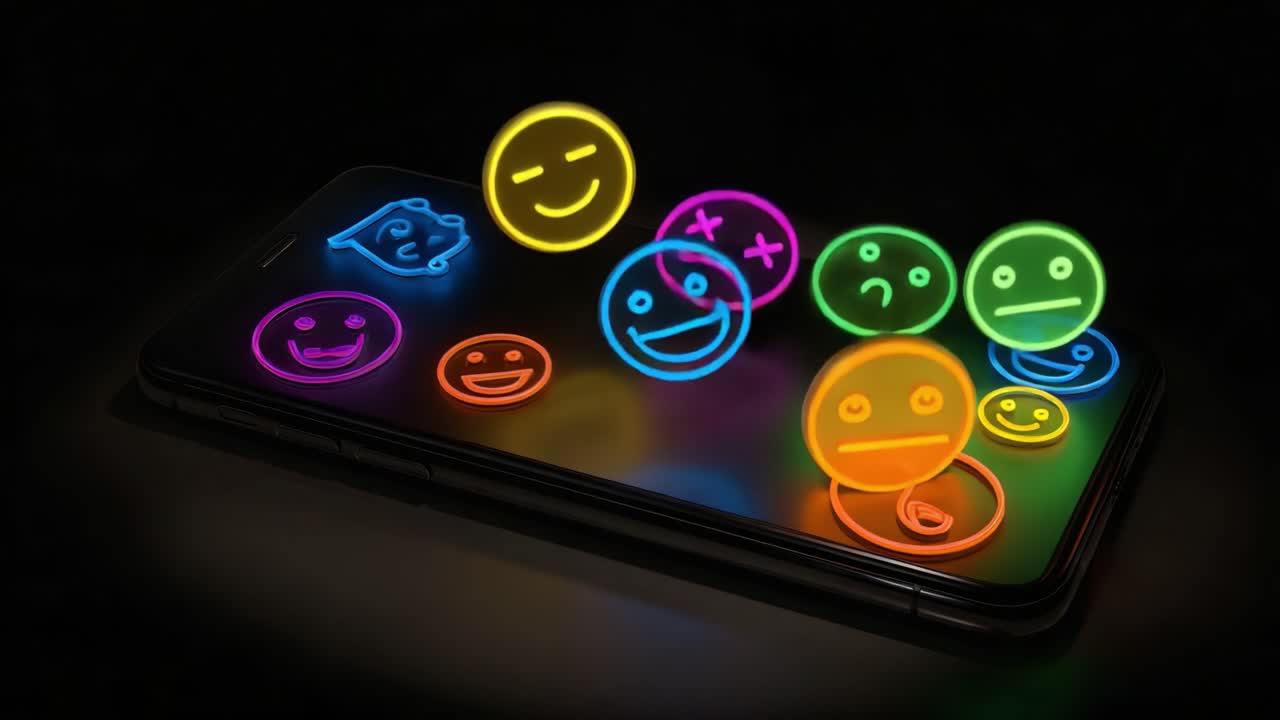 A Colorful Array of Emoticons Dancing on a Smartphone Screen, Representing Diverse Emotions and Expressions Illustrated with Vibrant Neon Colors Against a Dark Background