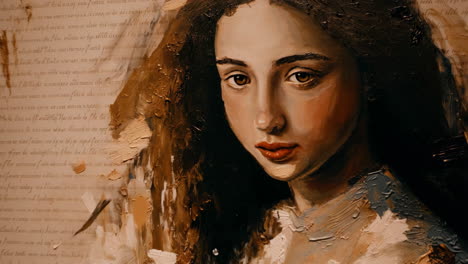 expressive portrait of a woman in painterly style with script background