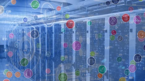 Animation of digital icons and scopes scanning over computer servers in background