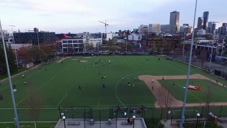 wide aerial shot showing the sports fields of cal anderson park in capitol hill, circa 2015