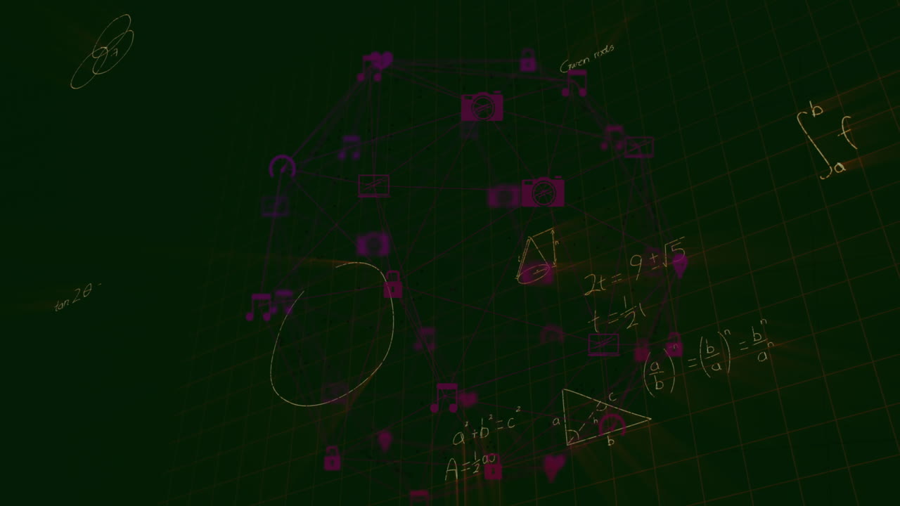 Animation of data processing and mathematical equations on black background