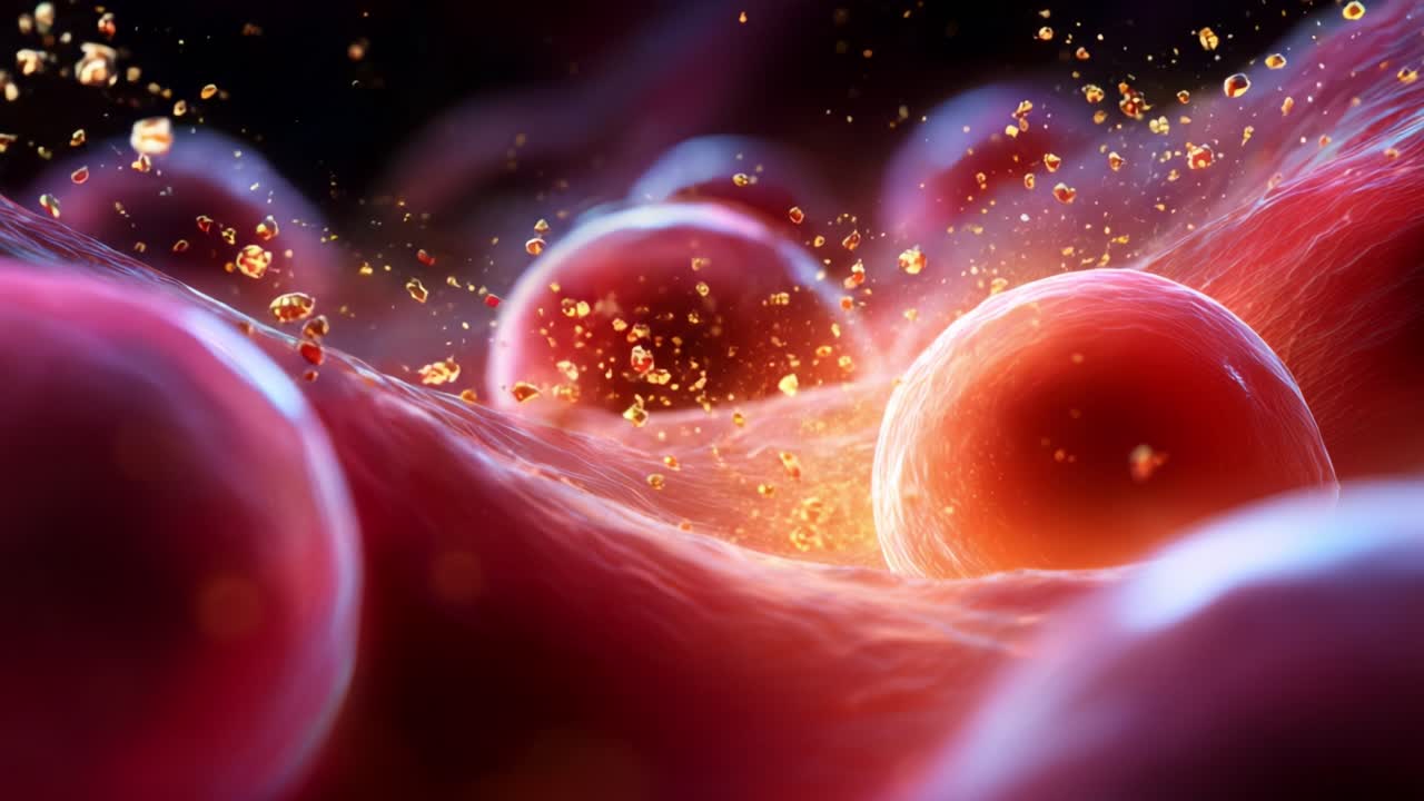A Dazzling Close-Up of Biological Cells in Motion, Capturing the Intricate Details and Vibrant Colors of Cellular Structures Amidst a Sea of Red Fluids and Shimmering Particles