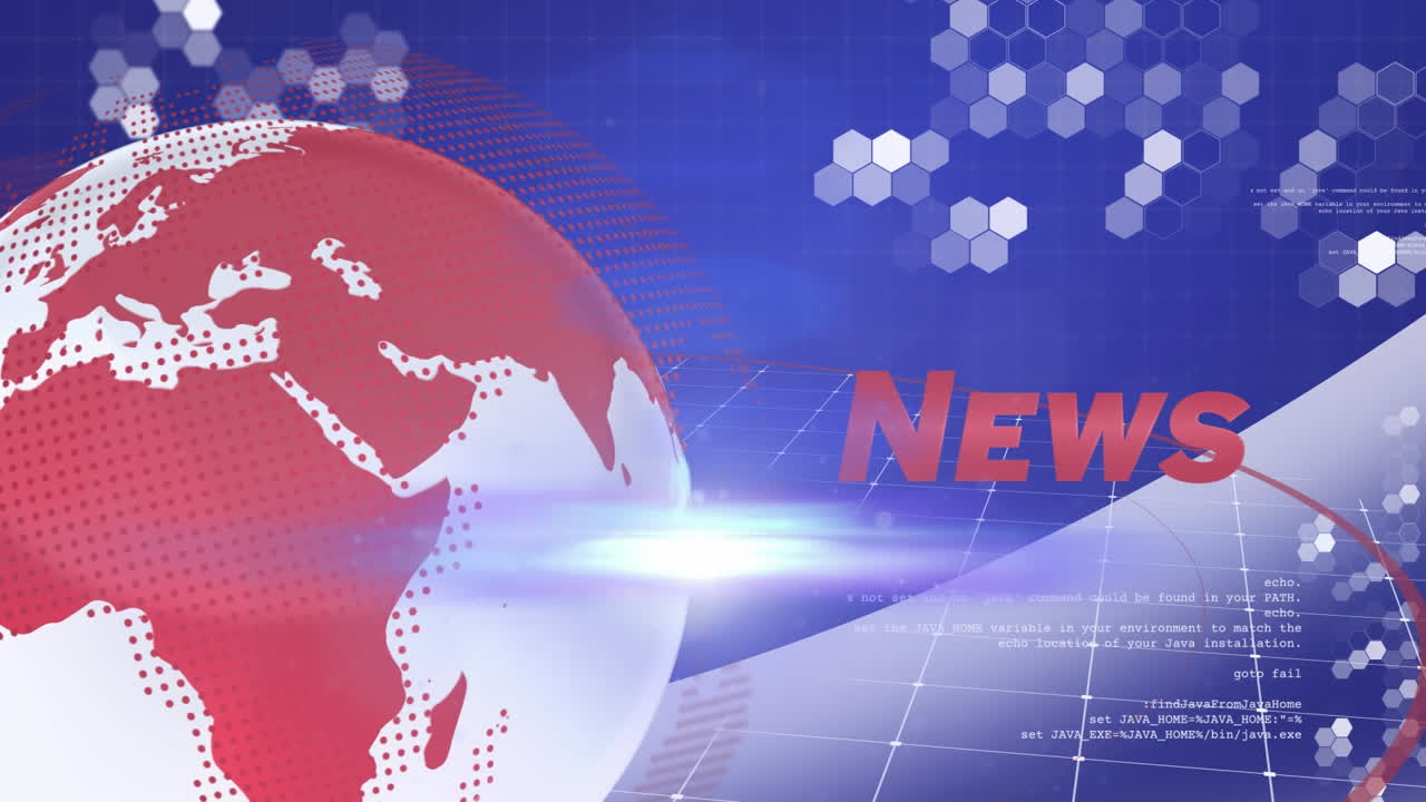 뉴스 텍스트 배너 위에 빛의 점과 회전하는 지구의 애니메이션 및 데이터 처리