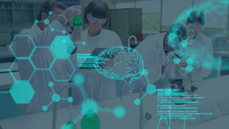 animación del procesamiento de datos científicos sobre diversos científicos en el laboratorio