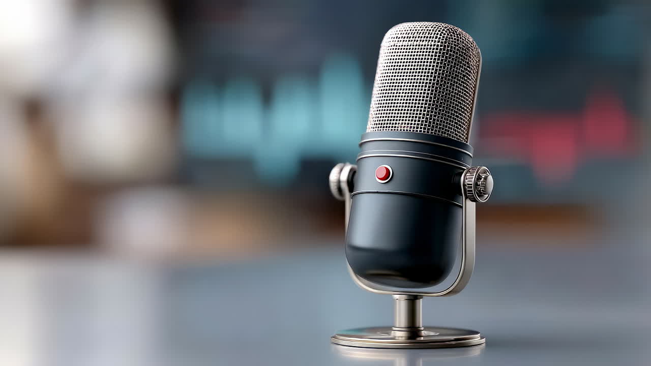 Mic stand on table, blurred bg. Close-up of a microphone on a table, with a blurred background hinting at a recording setting
