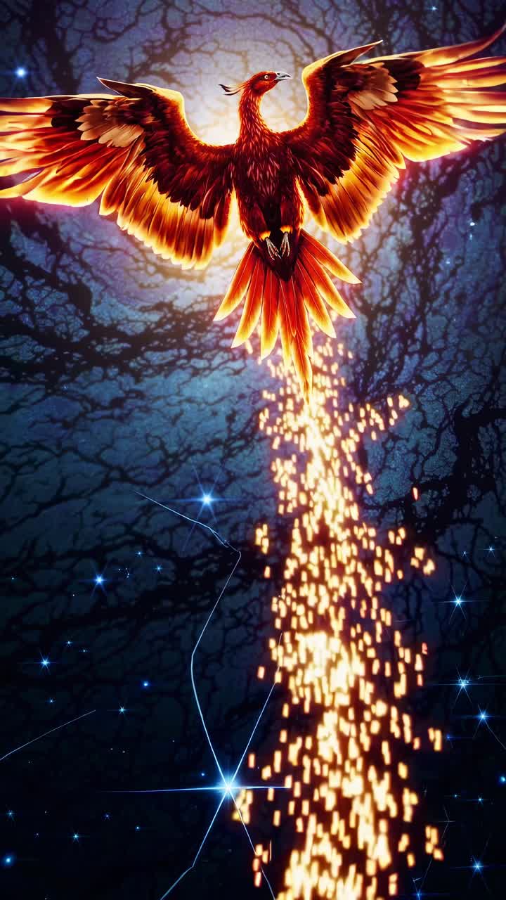 Una fenice infuocata si libra verso l'alto, ripresa da un angolo basso, sullo sfondo di un cielo stellato