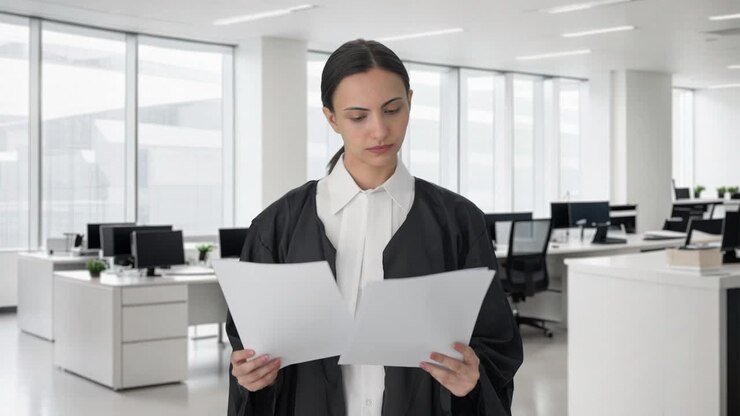 una abogada india seria leyendo archivos de casos