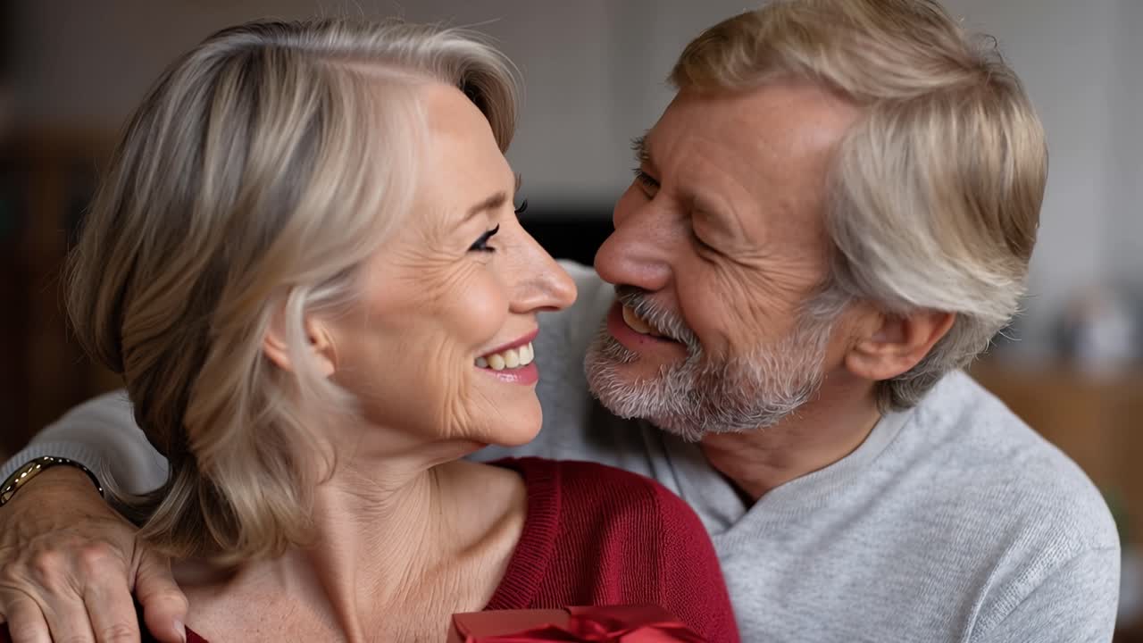 Warm embrace, tender kiss, joyful smile. Silver hair, gentle eyes, soft laugh. Gift in hands, love in quiet. Perfect for romance, anniversaries, family moments. Captures intimacy, care