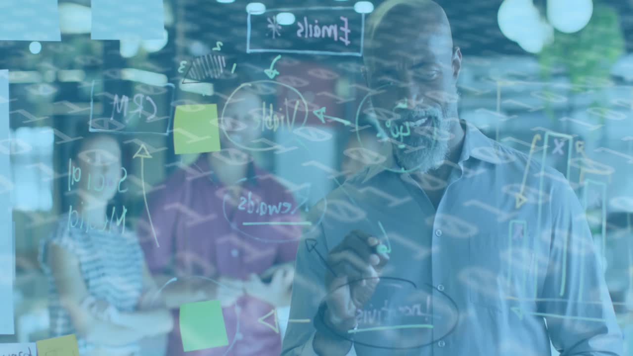Animation of binary coding data processing over diverse business people