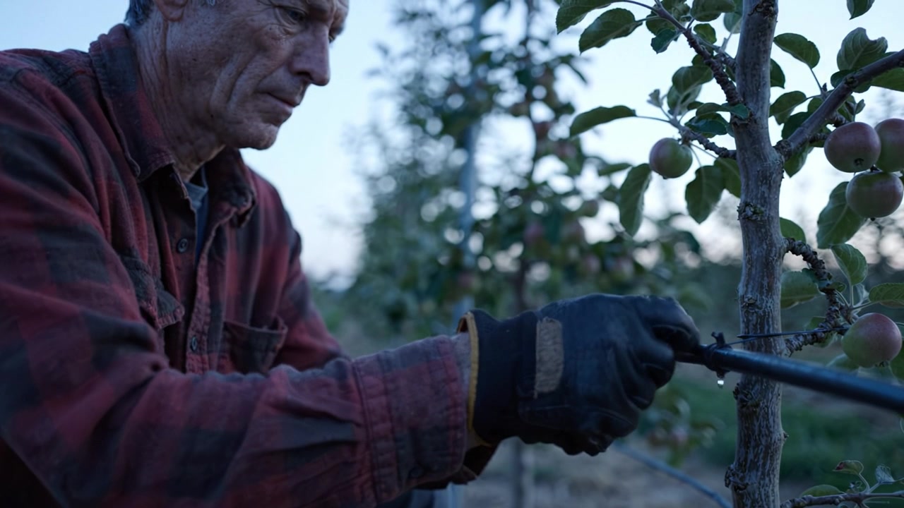 An elderly farmer meticulously tending to apple trees, demonstrating dedication to agriculture and sustainable farming practices in a serene orchard setting at dusk.
