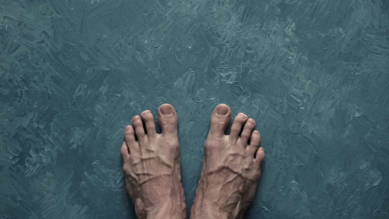 Legs close-up. Large veins. Tense, tired legs. Contrast image. Top view Men's feet