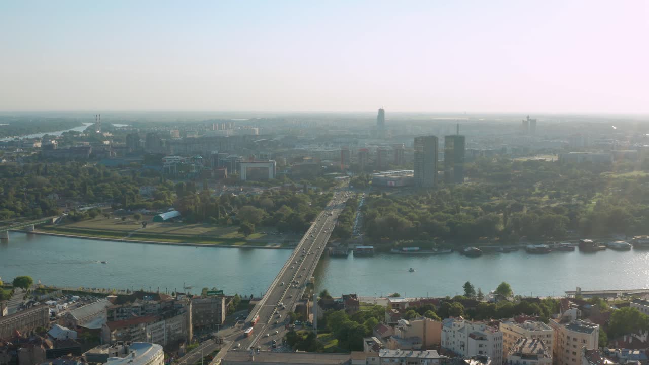 Aerial view of a bridge over the Sava river in Belgrade