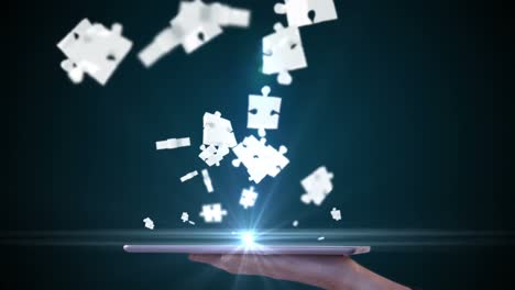 businesswoman using tablet to view hologram