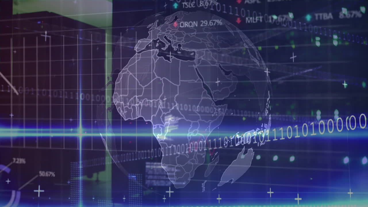 animación de iconos y procesamiento de datos financieros en todo el mundo