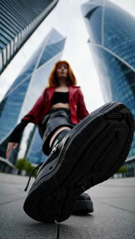 low angle urban fashion shot with platform boots and skyscrapers