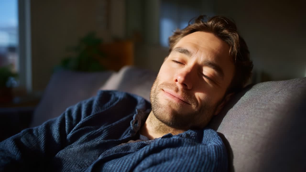 En afslappet mand, der nyder sollyset, mens han hviler på en sofa, indfanget i to frames, der fremhæver sindsro, tilfredshed og fredfyldte øjeblikke af fritid