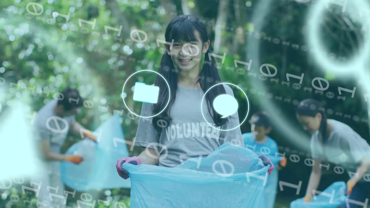 集会が始まり、青いバッグを持つ少女と、清掃活動でゴミを拾うチーム。アイコンが漂う。