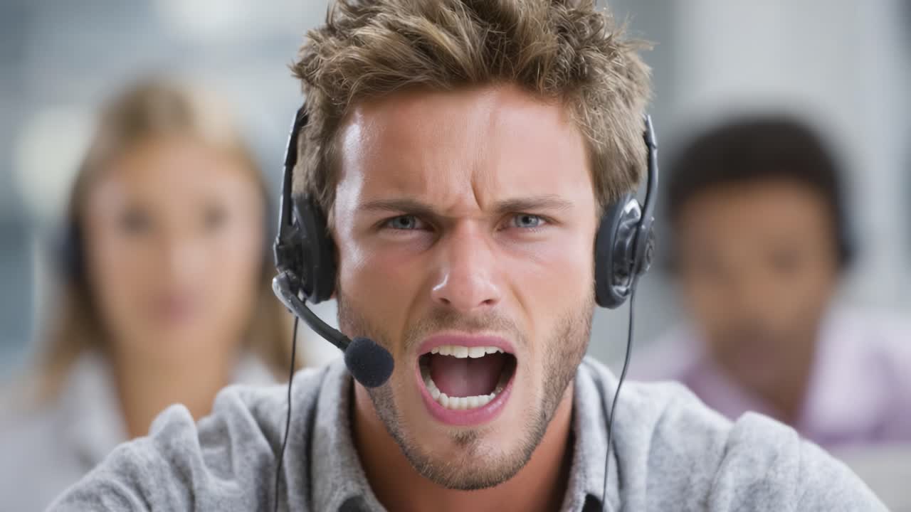 Comunicazione intensa: un agente del call center frustrato esprime la propria emozione tra i colleghi durante un'interazione difficile con un cliente in un vivace ambiente d'ufficio