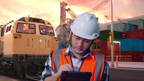 engineer inspecting train and cargo containers at the port
