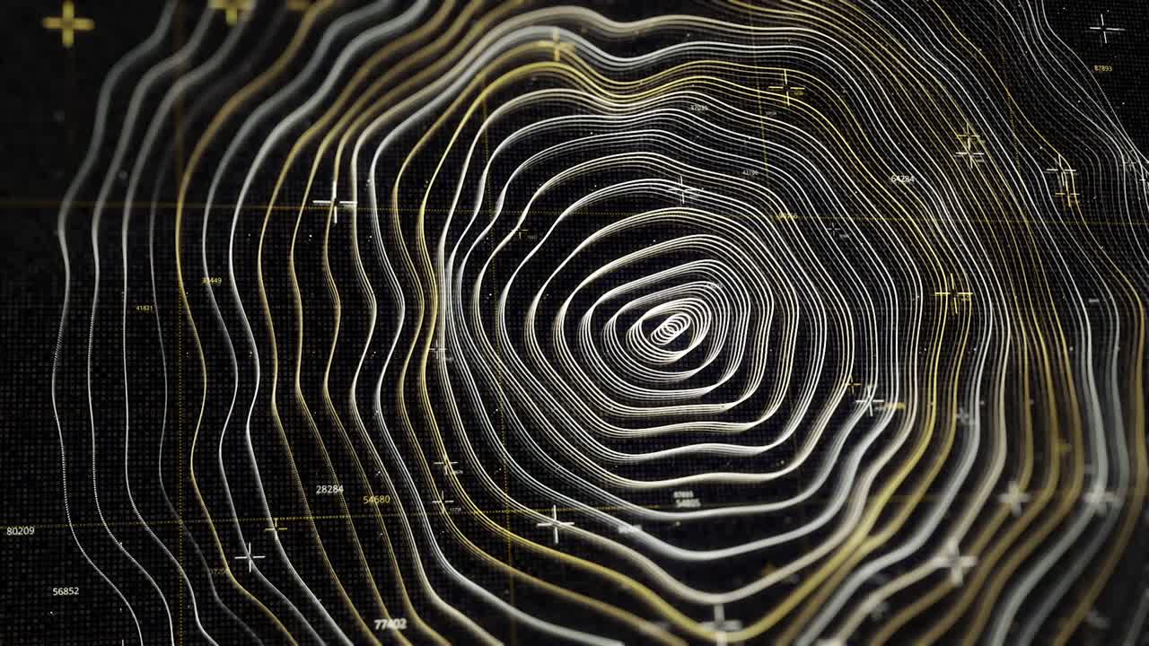 anillos dorados, programa de radar o sonar con efecto hipnótico, bucle sin costuras. animación. anillos amarillos giratorios sobre fondo negro