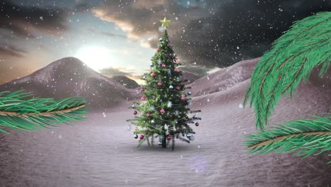 Animation-Von-Schnee,-Der-über-Den-Weihnachtsbaum-In-Der-Winterlandschaft-Fällt